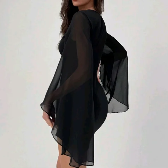 Early Spring New Modern Solid Black Slim Fit Mini Bodycon Vintage Wing Sleeve Lo - Picture 4 of 4